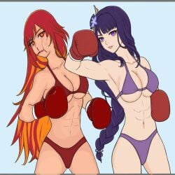 2girls abs bikini boxing boxing_gloves breasts catfight cleavage duo female female_only fight genshin_impact gloves long_hair mavuika_(genshin_impact) purple_eyes raiden_shogun red_bikini red_boxing_gloves red_eyes red_gloves red_hair shogun sport violet_bikini violet_hair