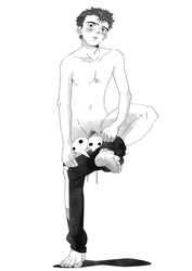 1boy blush censored clothing les_copines male male_only neon_genesis_evangelion solo standing_on_one_leg tagme toji_suzuhara topless undressing