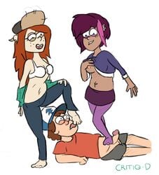 1boy 2girls bra breasts brown_hair cleavage critiq-d dark-skinned_female dipper_pines disney disney_channel dyed_hair eyeshadow female femdom foot_fetish gravity_falls light-skinned_male male malesub multiple_girls nipples orange_hair pale-skinned_female penis pine_tree_(symbol) purple_eyeshadow purple_hair red_hair redhead straight straight_hair tambry tongue tongue_out wendy_corduroy white_background