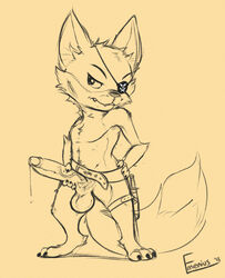 anthro balls belt big_penis canine dagger emenius erection eye_patch eyewear fur half-closed_eyes hand_on_penis male male_only mammal melee_weapon monochrome mostly_nude penis pirate precum short simple_background solo standing vein veiny_penis weapon wolf