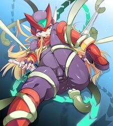 1boy androgynous balls blonde_hair blue_eyes blush bodysuit bulge femboy girly high_heel_boots high_heels male male_only mega_man mega_man_zero penis skin_tight tagme tentacle tentacle_on_male testicles zero_(mega_man) ziz_(pantwo)