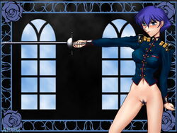 1girls akira_asagi blue_hair blue_pubic_hair blush bottomless breasts erect_nipples_under_clothes female female_only human kozue_kaoru nipples_visible_through_clothing pale-skinned_female pale_skin pubic_hair pussy revolutionary_girl_utena smirk solo sword