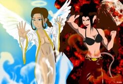 2girls angel avatar_the_last_airbender azula bra christianity clothing dammpa dark-skinned_female dark_skin devil female female_only human interracial judaism katara multiple_females multiple_girls religion small_breasts straight_hair suzuka_(edit)