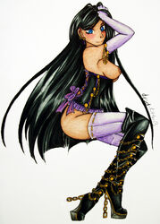 black_hair blue_eyes boots breasts chains corset dead-kittens3 earrings eyes gloves hair human smiling thighhighs very_long_hair world_of_warcraft