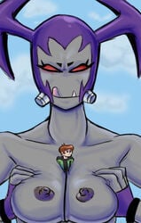 1boy 1girls alien alien_girl ben_10 ben_10_omniverse ben_tennyson between_breasts big_breasts breast_press breast_squeeze breast_squish breasts busty cute_fang erect_nipples female giantess grabbing_own_breast grey_body grey_nipples grey_skin grimphantom licking_lips male nipples puffy_nipples red_eyes size_difference tiquitoc to'kustar tongue tongue_out way_bad