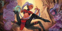 apocallisti blood_elf dungeons_and_dragons elf_ears female night_elf restrained spider_legs spiderweb tagme warcraft webs white_hair