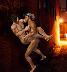 2boys 3d against_wall alley anal_penetration anal_sex brown_hair crossover dirty_face ellis erect_nipples erection gay graffiti hat holding_head johnny_valentine24 left_4_dead_2 leon_scott_kennedy male male_only night nude penis public_nudity public_sex resident_evil resident_evil_6 suspended_congress xnalara