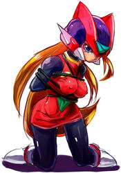 1girls bliss_zero blonde_hair blue_eyes bondage bound breasts busty cleavage color covered_breasts erect_nipples female female_only kneeling mega_man mega_man_zero nipples reploid rule_63 skirt solo voluptuous zero_(mega_man)