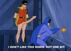 2boys animated balls ballsack batman batman_(series) big_head bottomless bruce_wayne cape cowl cutting_torch dangling_testicles dc dc_comics dick_grayson erection gay kneeling/standing long_penis low_hanging_balls male male_only mask penis robin_(dc) robin_(dick_grayson) scrotum shaved_crotch super_friends talking_to_another testicles veiny_penis yaoi