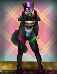 2018 anthro balls blush canine claws clothed clothing crossdressing digital_media_(artwork) dress ear_piercing fan_character flaccid fur girly green_eyes hair hi_res humanoid_penis kyoishi_nazuna legwear looking_at_viewer male mammal nails nude ocean_moberg open_mouth penis piercing pink_eyes precum simple_background skirt solo spread_legs spreading standing stockings thick_thighs tongue tongue_out tongue_piercing tongue_ring upskirt wolf