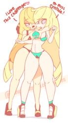 2girls aether_foundation animated bare_legs belly bikini blonde_hair blush breast_grab breast_squeeze breasts cleavage cynthia_(pokemon) diives duo english_text erect_nipples female_only full_body gif green_eyes hair_over_one_eye heart heart-shaped_boob_challenge high_heels hips human legs lusamine_(pokemon) midriff milf multiple_girls nail_polish navel nintendo nude open_mouth patreon pokemon pokemon_dppt pokemon_sm simple_background standing text thick_thighs thighs underboob watermark wide_hips yellow_eyes yuri