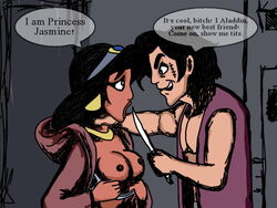 1001_nights 1boy 1girls aladdin aladdin_(character) disney disney_prince disney_princess fairy_tales female human literature male nipples peasant peasant_woman princess_jasmine public_domain royalty straight tagme threatening vylfgor