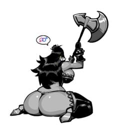 ass axe black_hair breasts collar crown curvy dark-skinned_female dark_skin dat_ass female female_only grey_skin huge_ass huge_breasts large_ass long_hair looking_back muscular_female ogre ogre_female ogre_princess s-purple solo thick_thighs transparent_background weapon wide_hips yellow_sclera