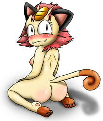 anthro ass back_view bigbootyinc breasts color exposed_breasts female female_only fur furry furry_ass furry_breasts furry_tail kneeling meowth pokemon solo tail