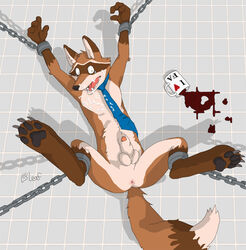 1boy against_wall anus ass balls bondage bound canine chains cum cup facial fender ferrox fox furaffinity furry handcuffed hybrid leafdog male male_only mascot paws penis scared sheath spread_legs wall