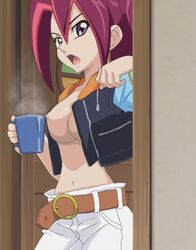 1girls angry_face edit female huge_breasts jacket kari_tsukumo looking_at_another navel pants ponytail purple_eyes red_hair solo tsukumo_akari yu-gi-oh! yu-gi-oh!_zexal