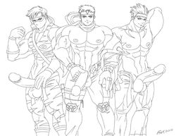 2012 3boys balls bara black_and_white crossover cyberbots erect_penis erection fallenmessiahx gay human hwang_seong-gyeong jago_(killer_instinct) jin_saotome killer_instinct line_art male male_only monochrome muscular muscular_male penis simple_background soul_calibur tagme uncensored video_games yaoi