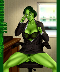 1girls big_breasts bra breasts business_suit business_woman cleavage female female_only green_eyes green_hair green_skin hair_bun hulk_(series) marvel marvel_comics no_panties office_lady pubic_hair pussy she-hulk solo visible_nipples zakuman