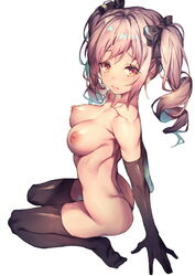 arm_support ass black_bow black_gloves black_legwear bow breasts collarbone commentary_request drill_hair elbow_gloves female gloves hairbow idolmaster idolmaster_cinderella_girls kanzaki_ranko long_hair looking_at_viewer looking_to_the_side medium_breasts nipples red_eyes redcomet seiza silver_hair simple_background sitting solo thighhighs thighs twin_drills twintails white_background