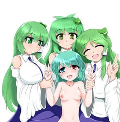 4girls bad_id bad_pixiv_id bare_shoulders belly_button big_breasts breast_size_difference breasts busty closed_eyes clothed_female crying crying_with_eyes_open cyan_hair double_peace_sign double_v eyebrows_visible_through_hair female female_only frog_hair_ornament grabbing_wrist grabbing_wrists green_eyes green_hair height_difference heterochromia holding_wrist holding_wrists hydrant_(kasozama) kogasa_tatara long_hair mouth_open multiple_girls nipples nude_female only_one_naked open_mouth peace_sign sanae_kochiya short_hair shorter_female simple_background small_breasts smile solid_color_background taller_female tearing_up tears touhou v white_background wrist_grab yuri