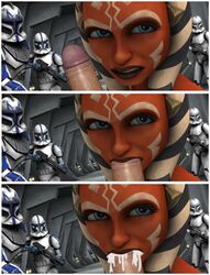 1female 1girls 3d 4boys 4males 501st_clone_trooper ahsoka_tano alien alien_humanoid armor armored_male blaster blowjob blue_eyes captain_rex clone_trooper clone_wars clothed clothing color cum cum_in_mouth cum_inside cum_leaking_out_of_mouth denal_(star_wars) detailed_background ejaculation eyelashes fellatio foreskin foreskin_folds helmet hi_res interspecies looking_at_viewer open_mouth oral oral_sex orange_skin panels penis penis_in_mouth pov pov_eye_contact star_wars star_wars:_the_clone_wars staring staring_at_viewer th-gimpnoob togruta watching watching_sex