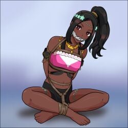 1girls accessory arms_behind_back bare_legs bare_midriff barefoot bike_shorts black_hair blue_background bondage bound bound_legs breasts crossed_legs dark-skinned_female dark_skin female female_only femsub fire_emblem fire_emblem_engage gag hair_ornament high_ponytail jewelry just_some_guy legs looking_at_viewer medium_hair midriff necklace nintendo ponytail red_eyes restrained rope rope_bondage shorts side_ponytail small_breasts solo star star-shaped_pupils star_(symbol) symbol-shaped_pupils timerra_(fire_emblem) very_dark_skin