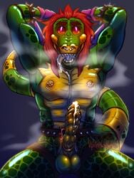 alligator_tail animatronic anthro arms_behind_head background biceps body_markings boner cum_drip cum_on_body drooling erection facial_markings five_nights_at_freddy's five_nights_at_freddy's:_security_breach fnaf green_body havocwhore lighting_bolt machine male male_focus male_only mohawk mohawk_(hairstyle) montgomery_gator_(fnaf) muscular muscular_anthro muscular_arms muscular_male muscular_thighs non-human non_mammalian_nipples nose_piercing pauldrons penis_out pink_glans red_hair reptile reptile_humanoid robot robot_humanoid saliva_drip saliva_string saliva_trail scottgames simple_background solo solo_focus solo_male spiked_bracelet spotted_body steamy_body steamy_penis steel_wool_studios tail tail_markings tattoo tongue_out two_tone_body two_tone_fur