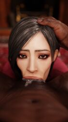 1boy 1girls 3d :>= ada_wong ada_wong_(adriana) blender blowjob blowjob_face capcom choking_on_cock cum cum_in_mouth cum_leaking cum_overflow dark-skinned_male dark_skin deepthroat fellatio female hand_on_head interracial lipstick love male oral_creampie resident_evil resident_evil_4 resident_evil_4_remake stephanie23 straight