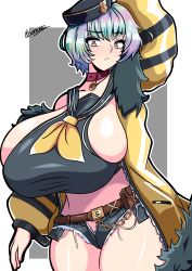 1girls alternate_costume arm_behind_head bangs bare_midriff bare_thighs belt breasts bursting_breasts collar confusion cosplay crossover curvy female female_only fire_emblem fire_emblem_heroes frown gigantic_breasts green_hair grey_background hat hourglass_figure jacket long_sleeves looking_at_viewer midriff more_at_source multicolored_hair nintendo orange_eyes purple_hair seidr_(fire_emblem) senak012 short_hair shorts sideboob simple_background solo thick_thighs thighs unzipped voluptuous wide_hips