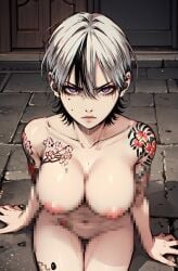 ai_generated angry angry_face breasts dakeda_kaneshiro eyelashes manhwa naked nude purple_eyes tattoo thighs uncensored webtoon white_clothing white_hair wind_breaker