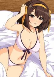 bikini breasts brown_eyes brown_hair cleavage collarbone commentary_request female hair_ribbon hairband hand_on_own_head haruhisky highres large_breasts looking_at_viewer medium_hair navel on_bed pillow ribbon solo suzumiya_haruhi suzumiya_haruhi_no_yuuutsu sweatdrop swimsuit white_bikini yellow_hairband yellow_ribbon