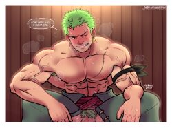 balls bara blush english_text looking_at_viewer male male_only muscles muscular musk one_piece penis penis_out roronoa_zoro shirtless solo solo_male speech_bubble spread_legs sweat sweating talking_to_viewer wererdraws