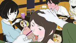 2010 2girls 3boys akashi bar_censor black_hair blush brown_hair hanuki_ryouko higuchi_seitarou licking_penis madhouse_(studio) mole_under_eye mole_under_mouth ozu public_blowjob short_hair the_tatami_galaxy watashi yojouhan_shinwa_taikei yougasu