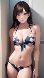 1girls against_wall ai_generated ai_mirror belly_button bikini blue_bikini blush brown_eyes brown_hair cornered flower_pattern long_hair looking_at_viewer looking_nervous small_breasts standing white_skin white_wall