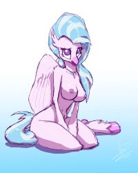 2019 absurd_res anthro anthrofied areola avian blue_hair breasts female friendship_is_magic hair hi_res hippogriff jewelry my_little_pony necklace nipples nude purple_eyes silverstream_(mlp) sitting solo threewontoo