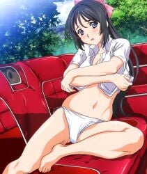 00s 10s 2010 barefoot black_hair blue_eyes blush car embarrassed feet hitou_meguri hitou_meguri_kakure_yu long_hair mary_jane_(company) motor_vehicle navel panties screencap stitched third-party_edit underwear undressing vehicle white_panties yukino_chitose