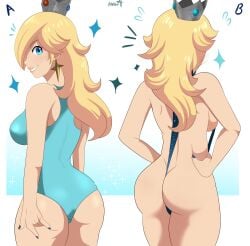 1girls absurd_res ass back_view big_ass blonde_hair breasts comparison curvy hands_on_ass hands_on_hips karbuitt light-skinned_female looking_at_viewer looking_back looking_back_at_viewer mario_(series) nintendo one-piece_swimsuit princess_rosalina rear_view sideboob sling_bikini super_mario_bros. super_mario_galaxy swimsuit thighs