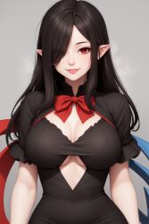 ahoge ai_generated arms_behind_head arms_up black_dress black_hair black_thighhighs bow bowtie breasts cleavage covered_navel cowboy_shot dress earrings empty_eyes female hair_over_one_eye houjuu_nue jewelry large_breasts long_hair looking_at_viewer microdress pointy_ears red_bow red_bowtie red_eyes self-upload short_dress short_sleeves smile solo solo_focus thighhighs thighs touhou wombat9043