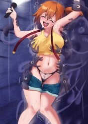 1girls abs asymmetrical_hair blue_pants blue_shorts blush breasts closed_eyes cowboy_shot creatures_(company) crop_top denim denim_shorts drool drooling female_focus game_freak hairtie highres kasumi_(pokemon) large_breasts laughing legs microphone midriff midriff_baring_shirt misty_(pokemon) navel nintendo orange_hair panties pokemon pokemon_(anime) pokemon_(classic_anime) ponytail short_hair short_shorts side_ponytail sleeveless sleeveless_shirt solo suspenders sweat tank_top tears thighs tickling toned_female tongue underwear wide_hips yellow_shirt