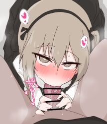 1boy ame_(amechan17391739) blush brown_eyes brown_hair fellatio female girls_und_panzer heart looking_at_viewer oral pov shimada_arisu spoken_heart straight sweat