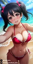 aged_up ai_generated ambiguous_pov bikini black_hair blush cleavage collarbone covered_nipples frilled_bikini gumi_arts lips looking_at_viewer love_live! love_live!_school_idol_project navel outdoors outstretched_arms pov red_eyes smile stable_diffusion sunlight two_side_up yazawa_nico