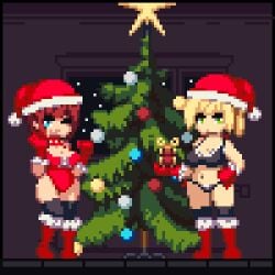 2girls bikini blonde_hair blue_eyes chimerazak christmas christmas_clothing christmas_outfit christmas_present christmas_tree green_eyes himerazak light-skinned_female light_skin multiple_girls pixel_art red_hair santa_hat stockings tagme underwear