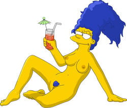 blue_hair blue_pubes breasts closed_mouth color cordless cup curly_hair drink ears exposed_breasts eyes female female_only hair human long_hair marge_simpson mouth open_eyes pubic_hair round_ears sitting skin solo straw the_simpsons umbrella vulva white_background yellow_skin