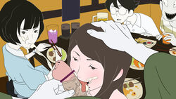 2010 2girls 3boys akashi black_hair blush brown_hair cum_on_face cum_on_mouth cum_on_tongue hanuki_ryouko higuchi_seitarou licking_penis madhouse_(studio) mole_under_eye mole_under_mouth ozu public_blowjob short_hair the_tatami_galaxy watashi yojouhan_shinwa_taikei yougasu