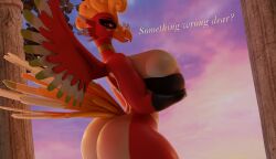 anthro ass big_breasts big_butt blender_cycles breasts female generation_2_pokemon hi_res ho-oh holding_breast huge_butt legendary_pokemon looking_at_viewer nintendo pokemon pokemon_(species) red_body red_eyes solo sunset thick_thighs white_body xlkev