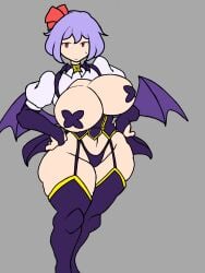 1girls big_breasts breasts cosplay covered_nipples h.a.r hands_on_hips hiiragi_utena hiiragi_utena_(cosplay) hips light-skinned_female magia_baiser mahou_shoujo_ni_akogarete purple_hair red_eyes remilia_scarlet revealing_clothes solo solo_female sweatdrop thick_hips thick_thighs thighs touhou vampire_girl wings