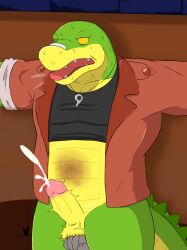 2024 alligator alligatorid anthro balls biped bodily_fluids brok_(brok_the_investigator) brok_the_investigator clothing cock_and_ball_torture crocodilian cum ejaculation erection genital_fluids genital_torture genitals green_body grey_body hi_res humanoid_hands male male_only open_mouth penis reptile scalie shirt solo_focus squealers_chief sweat thqr37 topwear