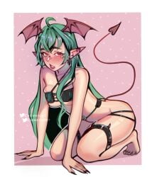 1girls bat bat_wings black_nails blush blushing_at_viewer choker chommich demon demon_girl demon_tail elf_ears eyelashes female female_only garter_belt goth goth_girl green_hair head_wings light-skinned_female light_skin lingerie long_nails mole_on_breast mole_under_eye piercings pink_eye pointy_ears revealing_clothes seductive simple_background solo solo_female solo_focus squished_breasts succuainivoice succubus succubus_aini tight_clothing topwear