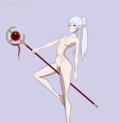 1girls elf elf_ears elf_girl frieren kawaiiredpandas light_skin nipples nude pointy_ears pussy small_breasts solo sousou_no_frieren staff standing_on_one_leg thin twintails white_hair