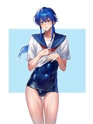 1boy alternate_costume bare_arms bare_thighs blue_eyes blue_hair blue_one-piece_swimsuit blue_swimsuit bulge clothes_lift femboy fire_emblem fire_emblem:_genealogy_of_the_holy_war headband lifted_by_self long_hair looking_at_viewer male male_only nintendo one-piece_swimsuit open_mouth ponytail school_uniform seliph_(fire_emblem) shirt_lift short_sleeves smile solo swimsuit thighs tnomenko